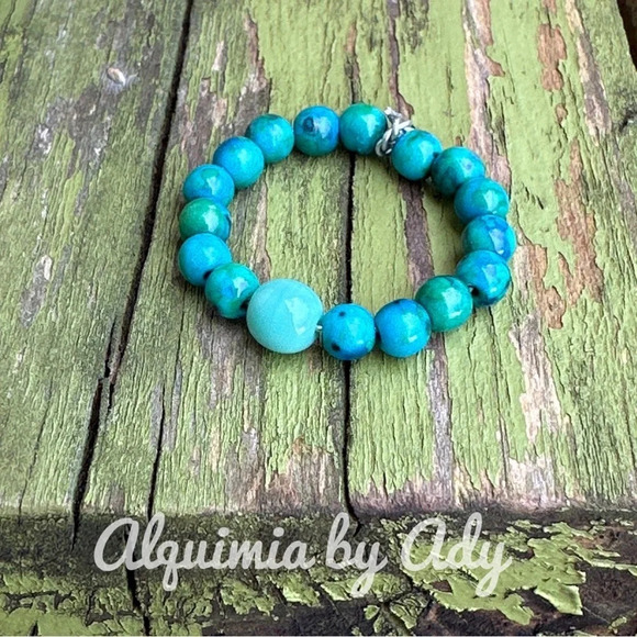 Turquoise aquamarine beaded handmade colorful ring band for stacking/bohemian - Picture 2 of 7